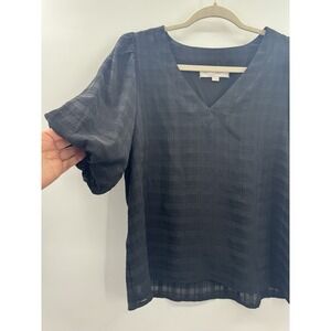 Loft Womens Small Top Puff Sleeve Blouse V-Neck Lined Minimalist Elevated Basic